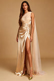 One Shoulder Ruched Champagne Evening Dress with Slit
