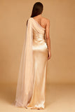 One Shoulder Ruched Champagne Evening Dress with Slit