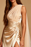 One Shoulder Ruched Champagne Evening Dress with Slit