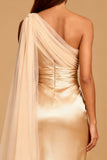One Shoulder Ruched Champagne Evening Dress with Slit