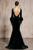 Dark Green Velvet Mermaid Maxi Evening Dress with Long Sleeves