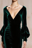 Dark Green Velvet Mermaid Maxi Evening Dress with Long Sleeves