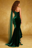 One Shoulder Dark Green Mermaid Velvet Evening Dress with Sash