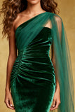 One Shoulder Dark Green Mermaid Velvet Evening Dress with Sash