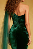 One Shoulder Dark Green Mermaid Velvet Evening Dress with Sash