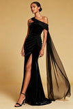 Black One Shoulder Mermaid Velvet Maxi Evening Dress with Slit