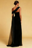 Black One Shoulder Mermaid Velvet Maxi Evening Dress with Slit