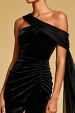 Black One Shoulder Mermaid Velvet Maxi Evening Dress with Slit
