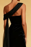 Black One Shoulder Mermaid Velvet Maxi Evening Dress with Slit