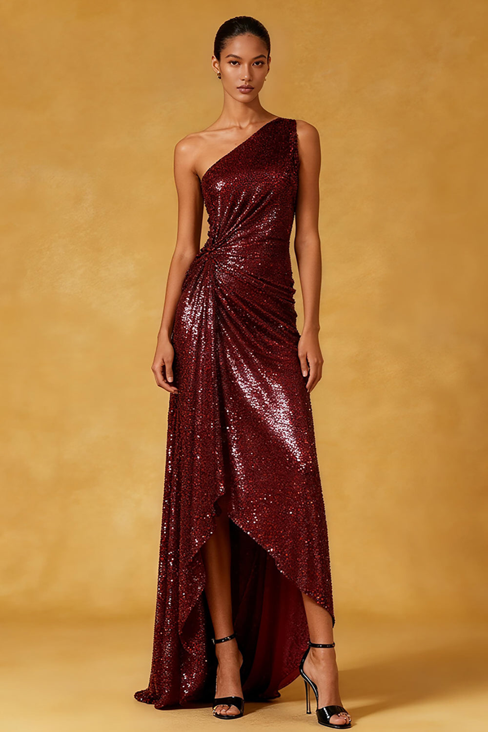 WEDTREND Women Sparkly Burgundy Evening Dress One Shoulder Ruched High-Low Formal Dress WEDTREND Women Sparkly Burgundy Evening Dress One Shoulder Ruched High-Low Formal Dress