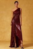 Sparkly Burgundy One Shoulder Ruched High-Low Evening Dress