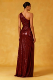 Sparkly Burgundy One Shoulder Ruched High-Low Evening Dress