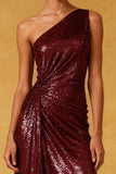 Sparkly Burgundy One Shoulder Ruched High-Low Evening Dress