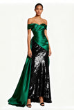 Sparkly Dark Green Off The Shoulder Ruched Holiday Dress