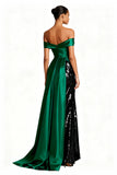 Sparkly Dark Green Off The Shoulder Ruched Holiday Dress