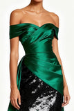 Sparkly Dark Green Off The Shoulder Ruched Holiday Dress