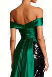 Sparkly Dark Green Off The Shoulder Ruched Holiday Dress