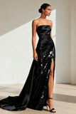 Strapless Black Satin Sequins Evening Dress with Slit