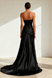 Strapless Black Satin Sequins Evening Dress with Slit
