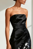 Strapless Black Satin Sequins Evening Dress with Slit