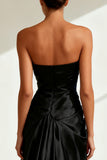 Strapless Black Satin Sequins Evening Dress with Slit