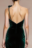Dark Green One Shoulder Velvet Mermaid Evening Dress