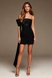 Bodycon Cold Shoulder Satin Little Black Dress with Sash