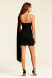 Asymmetrical Neck Tight Little Black Dress with Sash