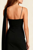 Asymmetrical Neck Tight Little Black Dress with Sash