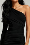 One Shoulder Bodycon Little Black Dress with Long Sleeves