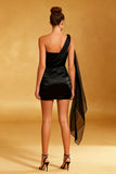 One Shoulder Satin Bodycon Little Black Dress with Sash