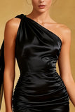 One Shoulder Satin Bodycon Little Black Dress with Sash