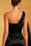 One Shoulder Satin Bodycon Little Black Dress with Sash