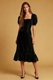 Black A Line Square Neck Velvet Midi Holiday Party Dress with Puff Sleeves