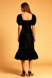 Black A Line Square Neck Velvet Midi Holiday Party Dress with Puff Sleeves
