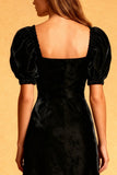 Black A Line Square Neck Velvet Midi Holiday Party Dress with Puff Sleeves