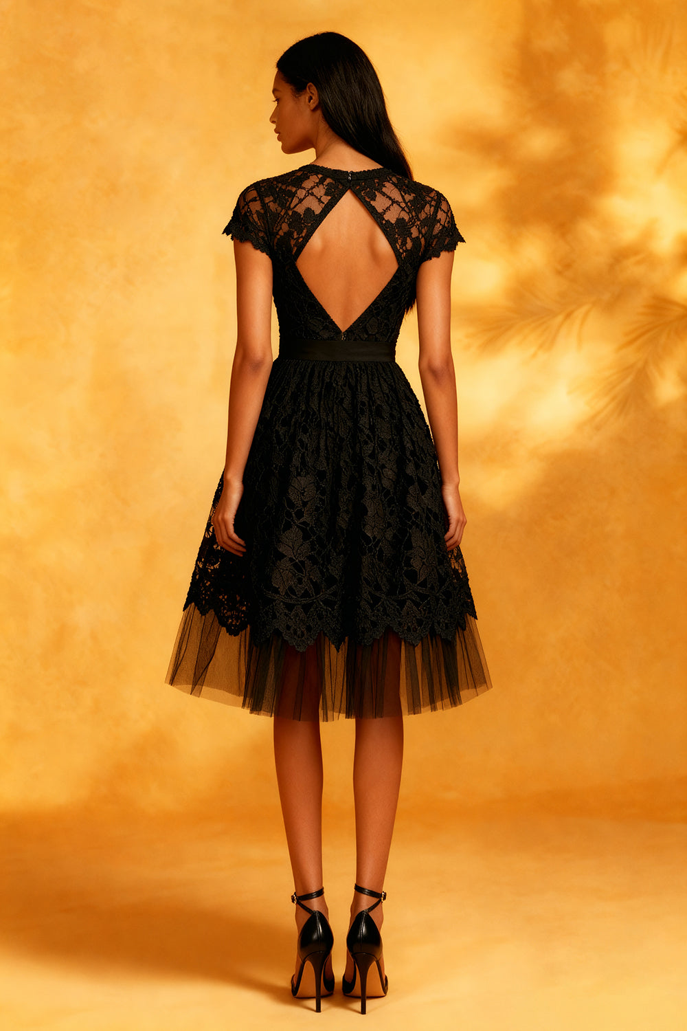 WEDTREND Women Lace A-Line Little Black Dress Tulle Round Neck Cocktail Dress with Short Sleeves WEDTREND Women Lace A-Line Little Black Dress Tulle Round Neck Cocktail Dress with Short Sleeves