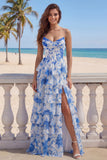 Strapless White Blue Flower A-Line Tiered Corset Long Prom Dress with Slit