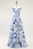 Strapless White Blue Flower A-Line Tiered Corset Long Prom Dress with Slit