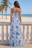 Strapless White Blue Flower A-Line Tiered Corset Long Prom Dress with Slit