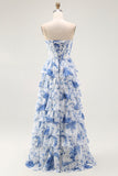 Strapless White Blue Flower A-Line Tiered Corset Long Prom Dress with Slit