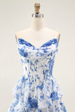 Strapless White Blue Flower A-Line Tiered Corset Long Prom Dress with Slit