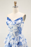Strapless White Blue Flower A-Line Tiered Corset Long Prom Dress with Slit