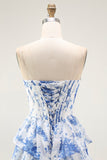 Strapless White Blue Flower A-Line Tiered Corset Long Prom Dress with Slit