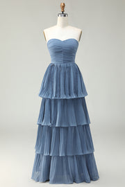 Dusty Blue A-Line Strapless Pleated Tiered Long Bridesmaid Dress with Ruffles
