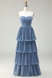 Dusty Blue A-Line Strapless Pleated Tiered Long Bridesmaid Dress with Ruffles