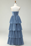 Dusty Blue A-Line Strapless Pleated Tiered Long Bridesmaid Dress with Ruffles