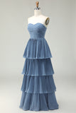 Dusty Blue A-Line Strapless Pleated Tiered Long Bridesmaid Dress with Ruffles