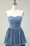 Dusty Blue A-Line Strapless Pleated Tiered Long Bridesmaid Dress with Ruffles