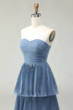Dusty Blue A-Line Strapless Pleated Tiered Long Bridesmaid Dress with Ruffles